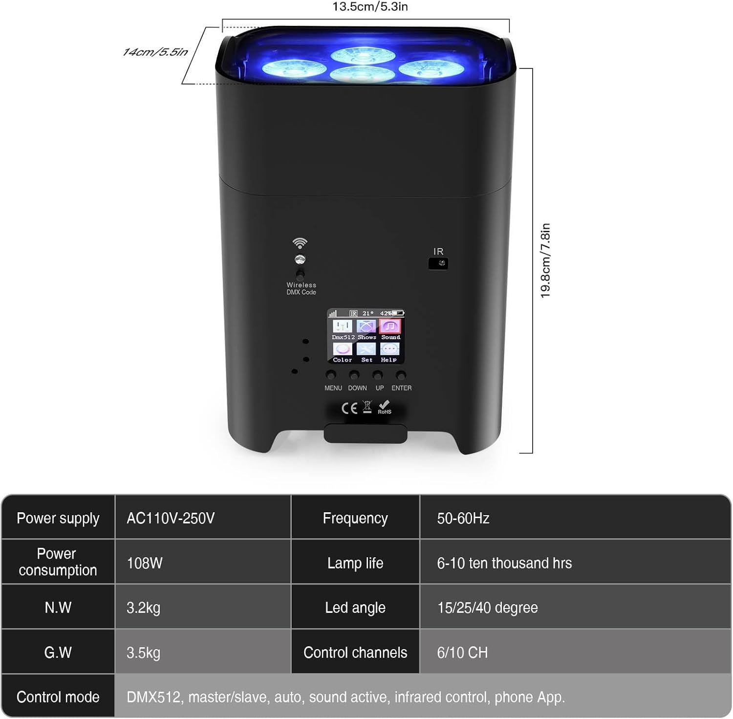 RGBWA+UV 6x18W Rechargeable Battery LED Par Light Remote DMX Control, APP, 8800mAh Battery, LCD Screen, DJ Live Show, Wedding Event, Church Uplights