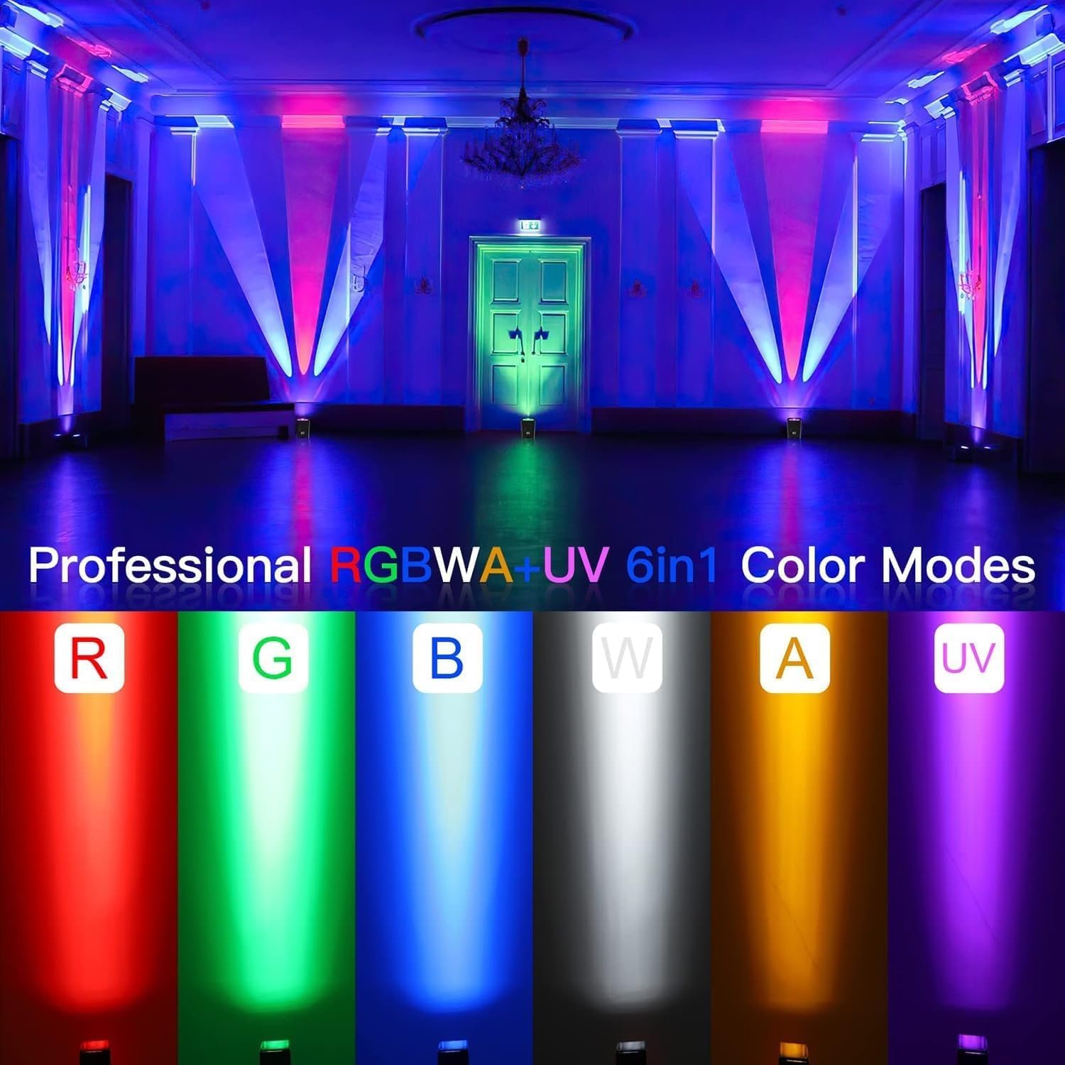 RGBWA+UV 6x18W Rechargeable Battery LED Par Light Remote DMX Control, APP, 8800mAh Battery, LCD Screen, DJ Live Show, Wedding Event, Church Uplights