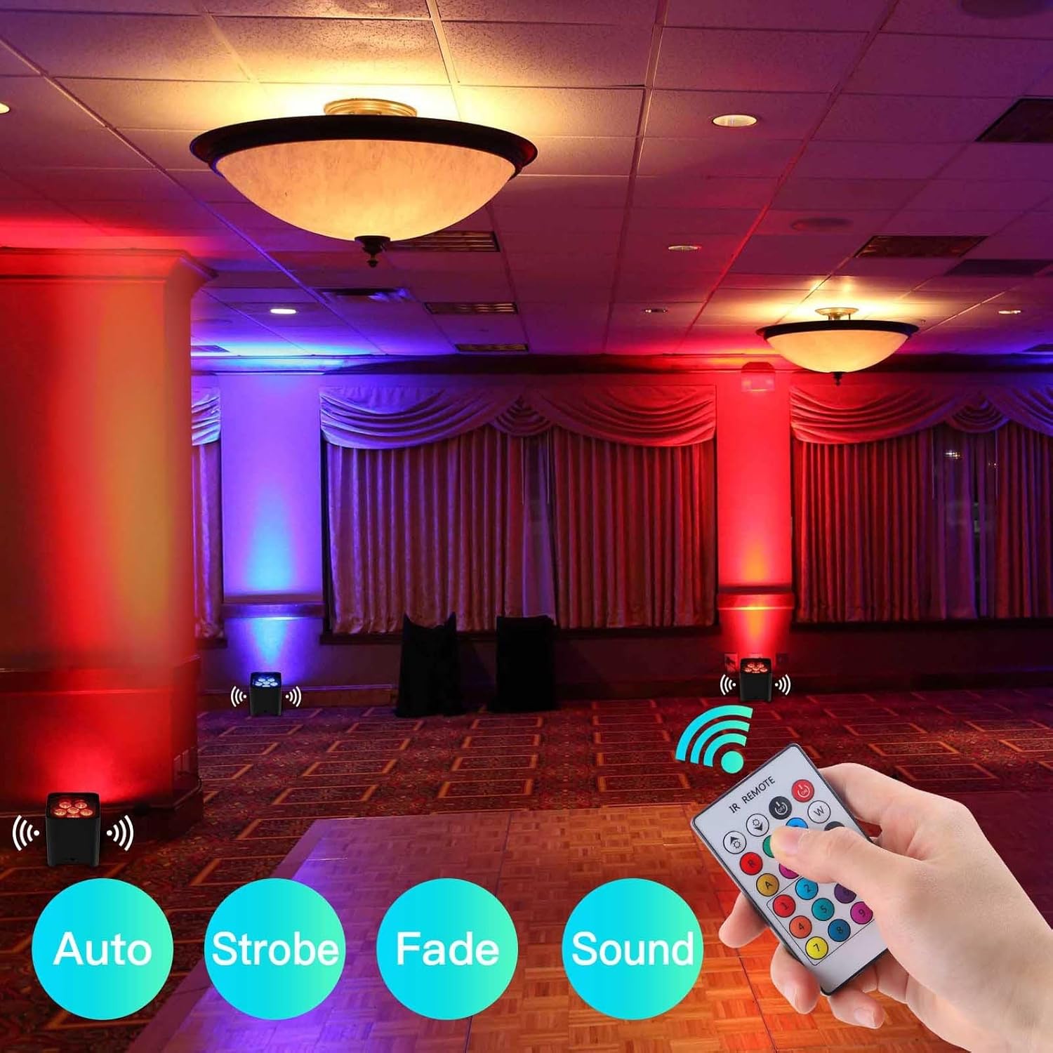 RGBWA+UV 6x18W Rechargeable Battery LED Par Light Remote DMX Control, APP, 8800mAh Battery, LCD Screen, DJ Live Show, Wedding Event, Church Uplights