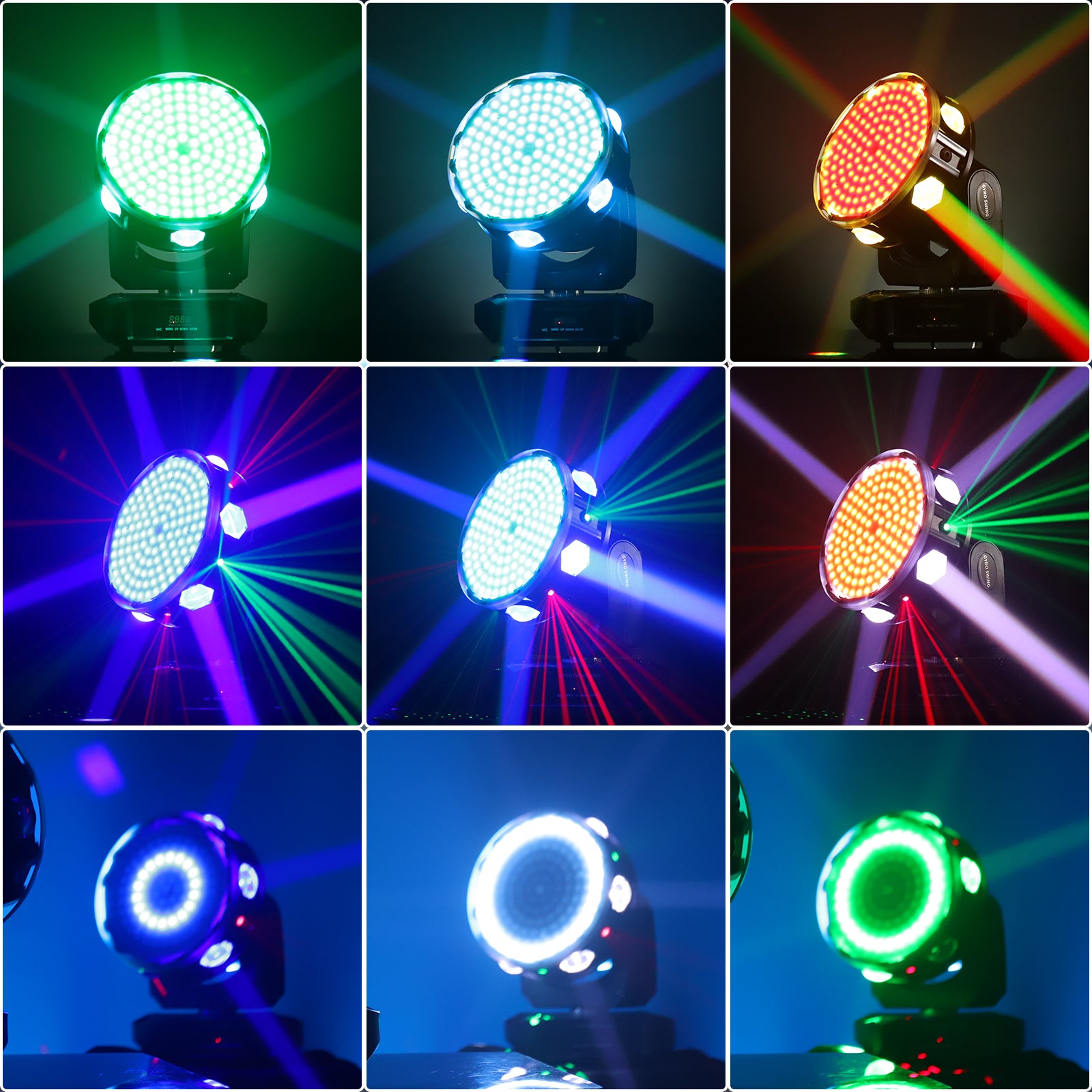 LED Gyro Moving Head Light 150W XYZ 3-Axis Rotating RGBW Stage Light with Strobe Beam Wash Laser Effects DJ Lights