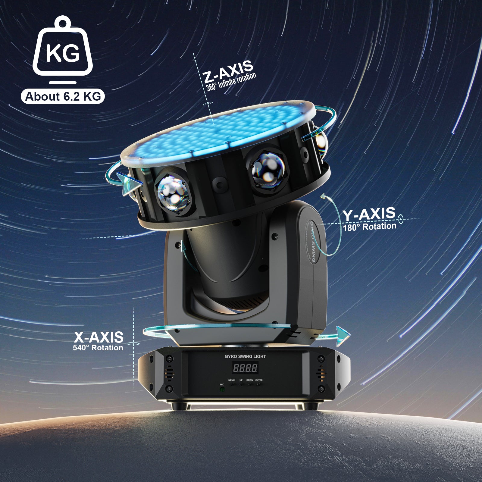 LED Gyro Moving Head Light 150W XYZ 3-Axis Rotating RGBW Stage Light with Strobe Beam Wash Laser Effects DJ Lights