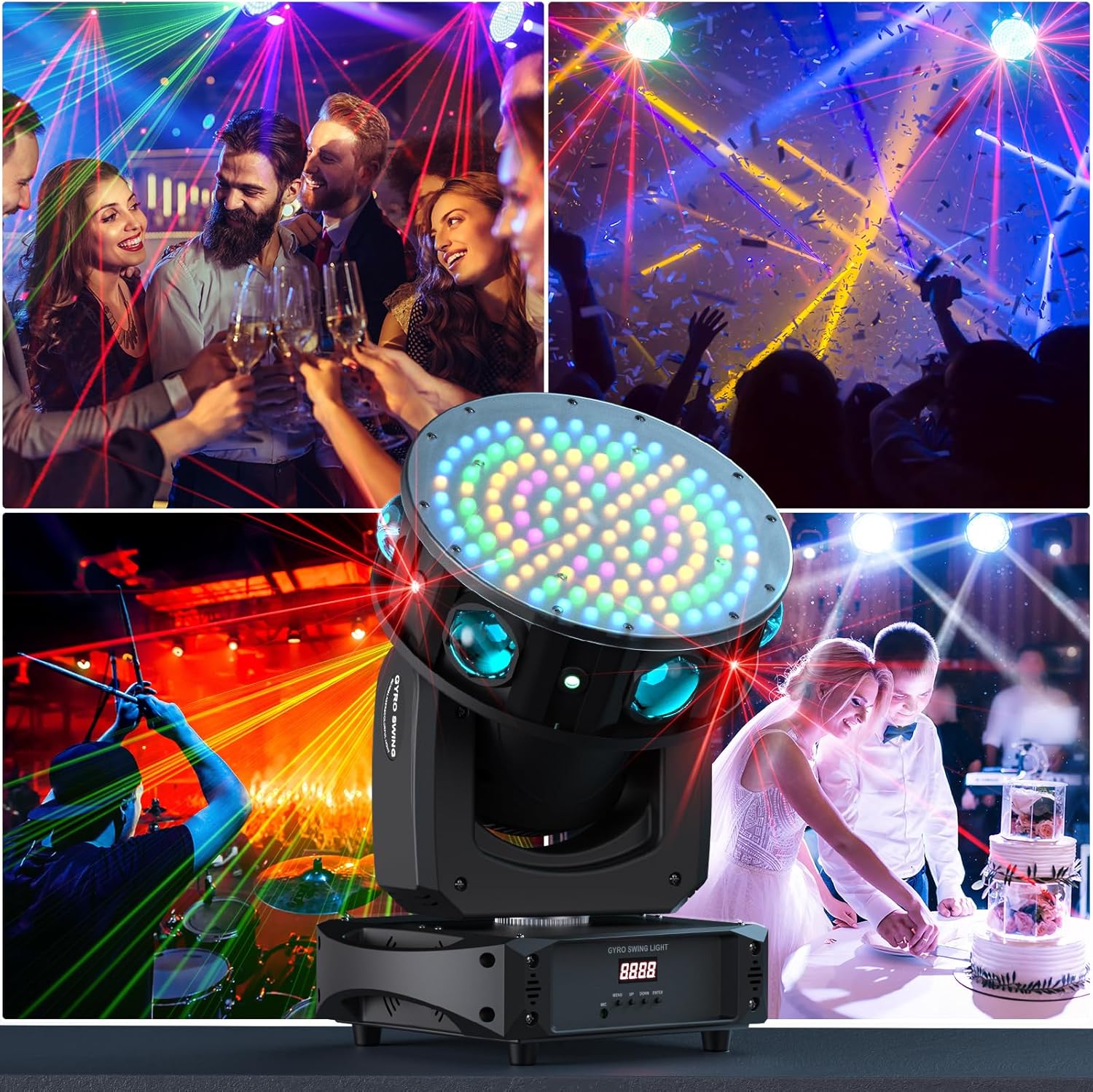 LED Gyro Moving Head Light 150W XYZ 3-Axis Rotating RGBW Stage Light with Strobe Beam Wash Laser Effects DJ Lights
