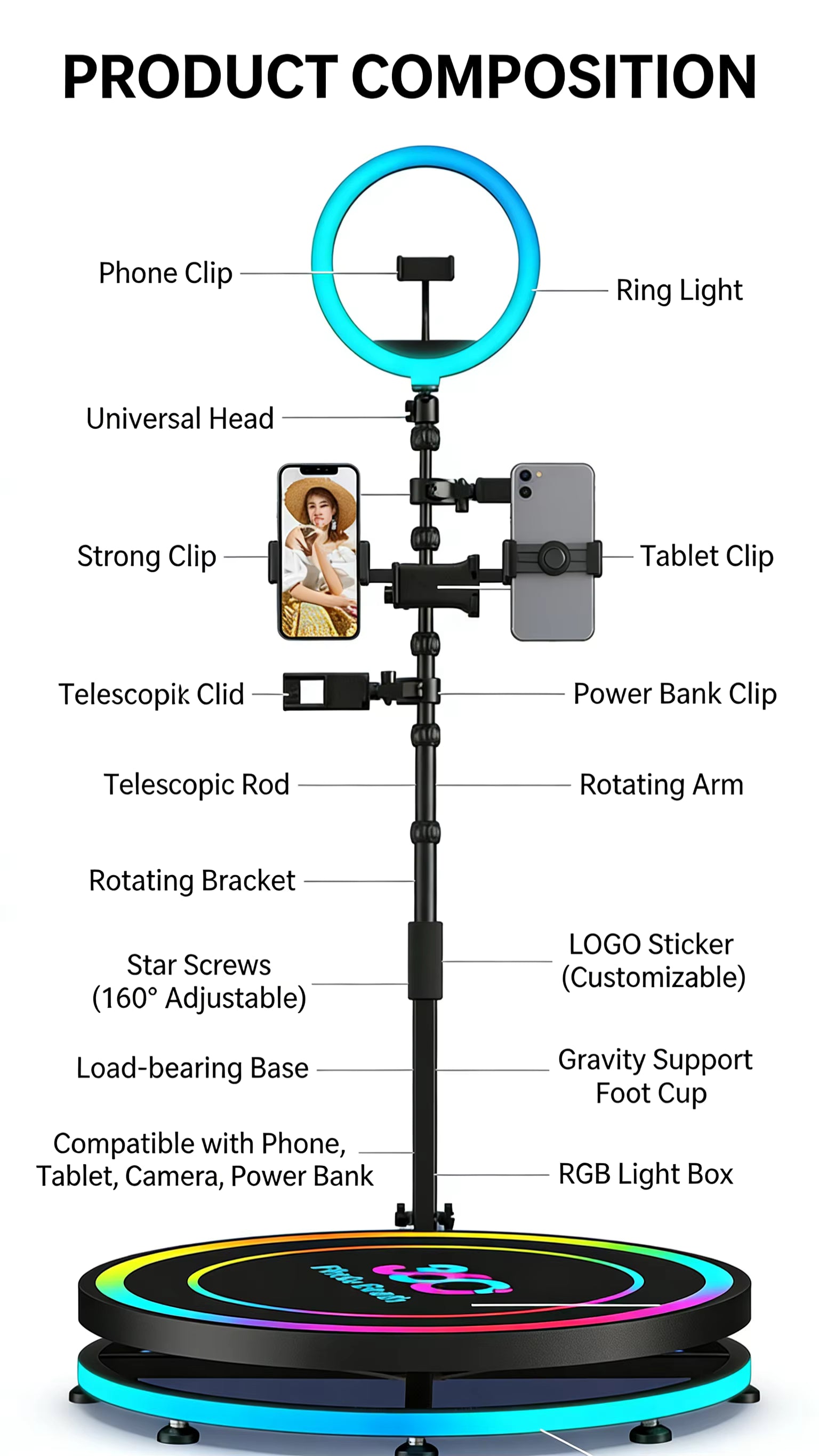 360 Degree Photo Booth 80cm LED Color-Changing Light