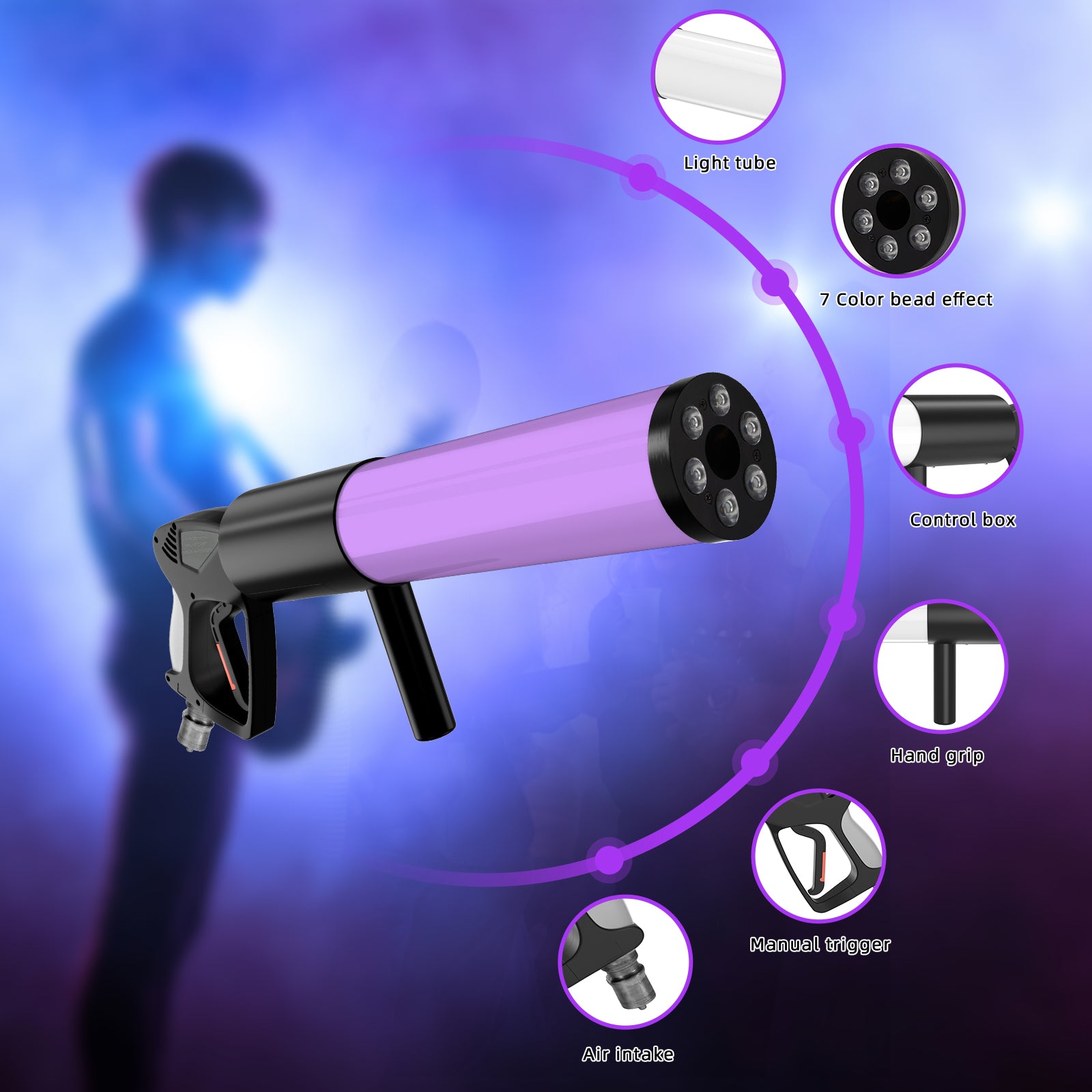 Co2 Smoke Gun Machine 6 Light Stage Effect Gas-Powered Hose Tube