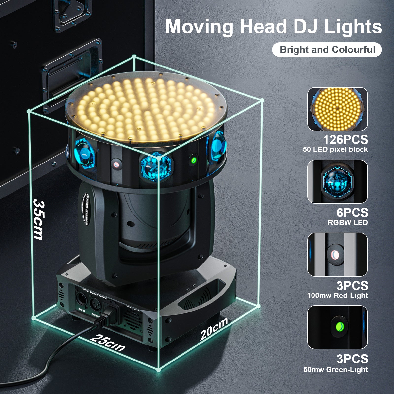 LED Gyro Moving Head Light 150W XYZ 3-Axis Rotating RGBW Stage Light with Strobe Beam Wash Laser Effects DJ Lights