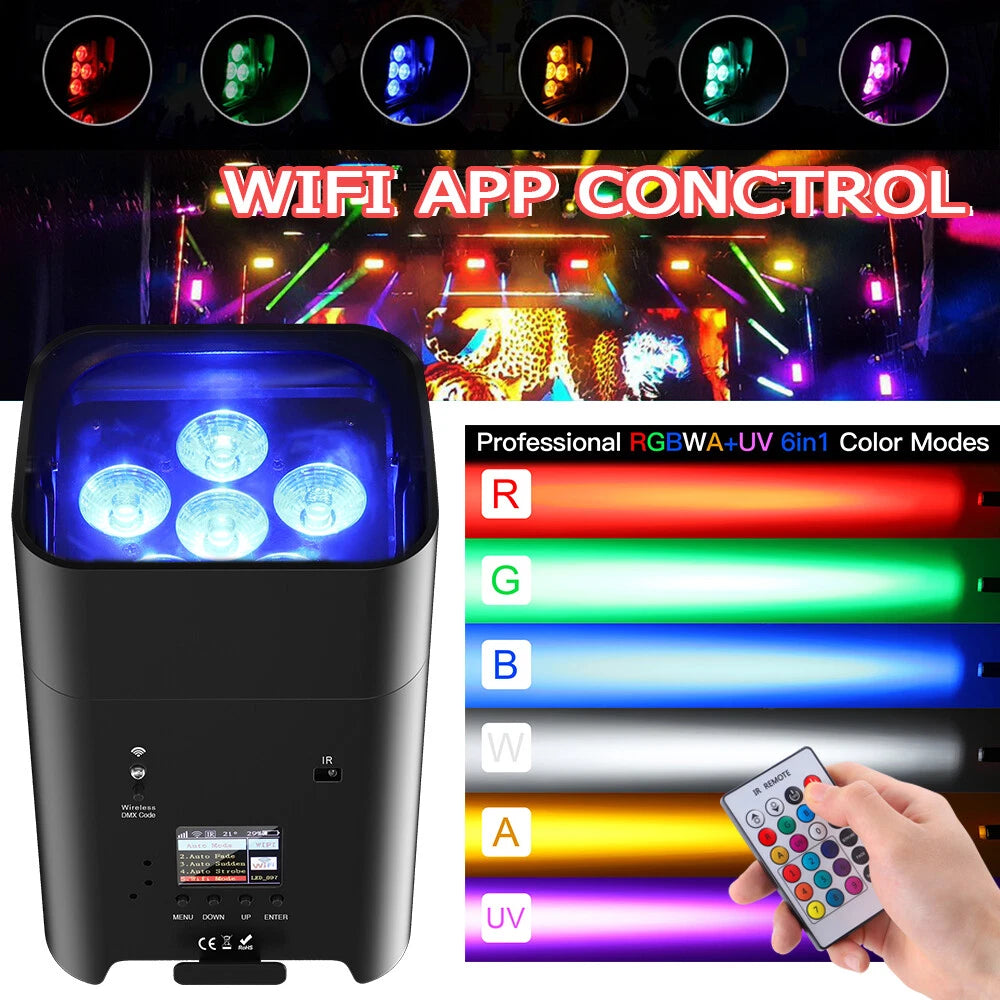 RGBWA+UV 6x18W Rechargeable Battery LED Par Light Remote DMX Control, APP, 8800mAh Battery, LCD Screen, DJ Live Show, Wedding Event, Church Uplights