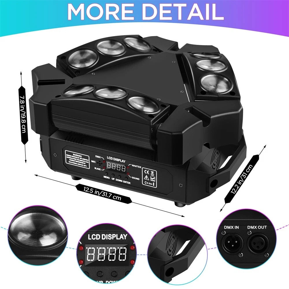 LED 9pcs Spider Moving Head RGB DMX Stage Beam Lighting DJ Disco Party KTV Projector