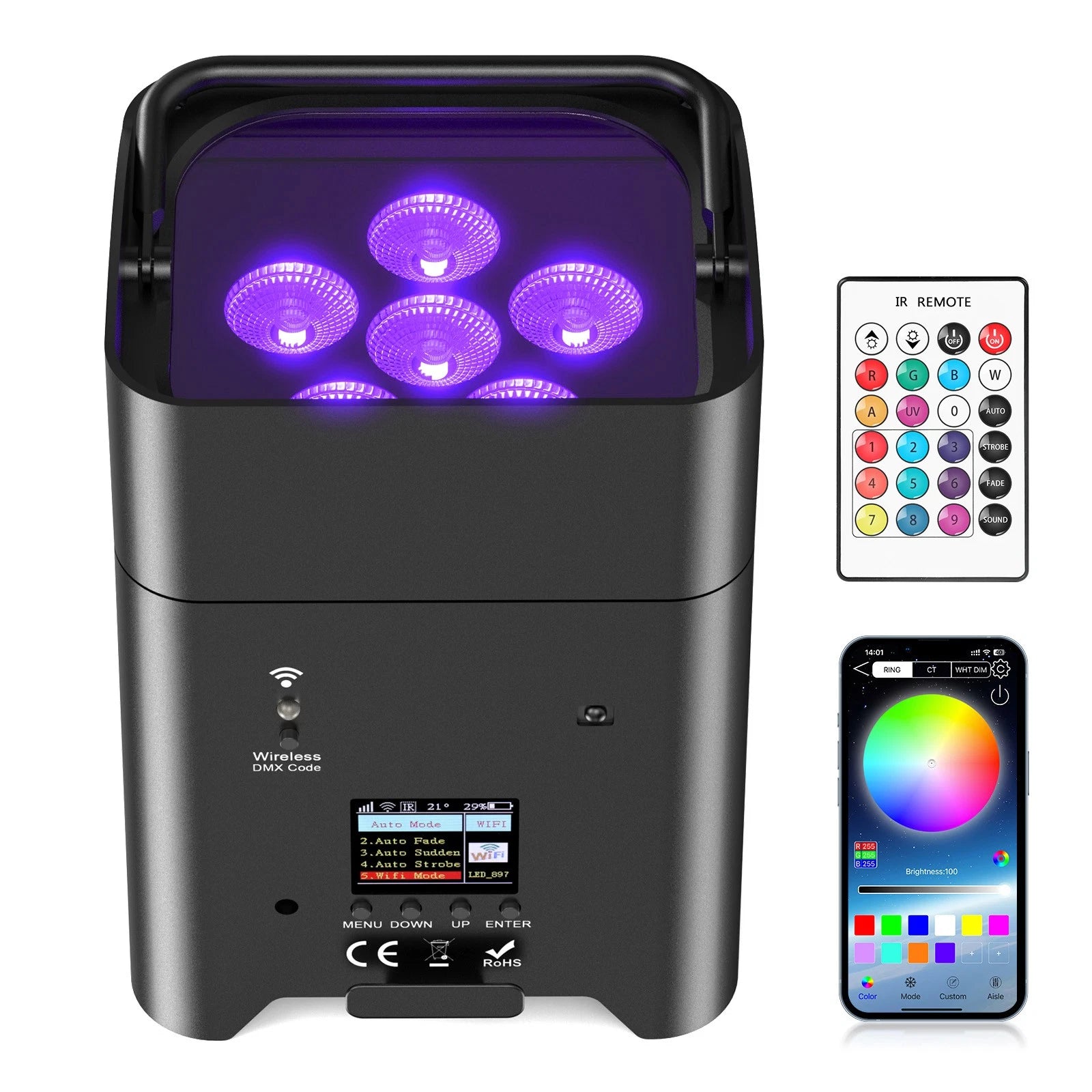 RGBWA+UV 6x18W Rechargeable Battery LED Par Light Remote DMX Control, APP, 8800mAh Battery, LCD Screen, DJ Live Show, Wedding Event, Church Uplights