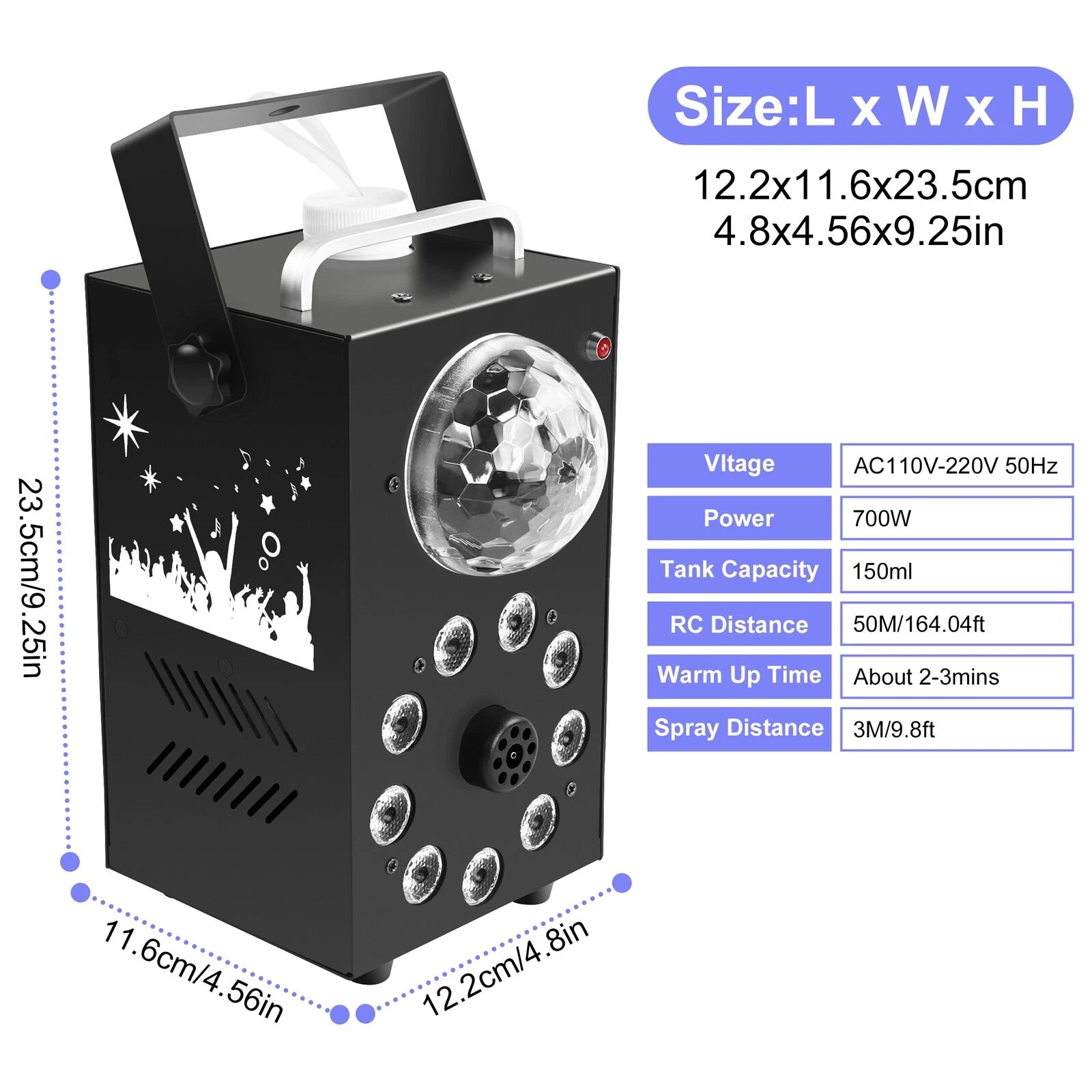 700W Fog Smoke Machine with 9  LED Colorful andDisco Ball Light