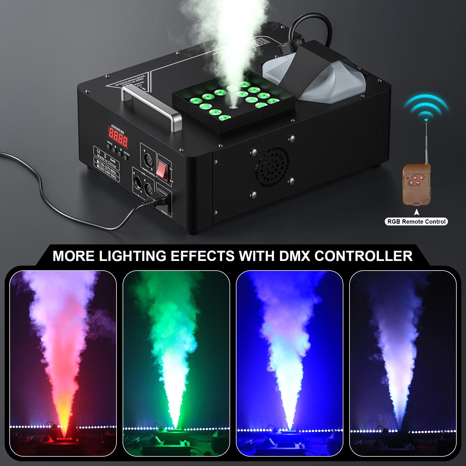 RGB LED Smoke Fog Machine 3000W Remote Control Party Lights DJ Stage Fogger Effect