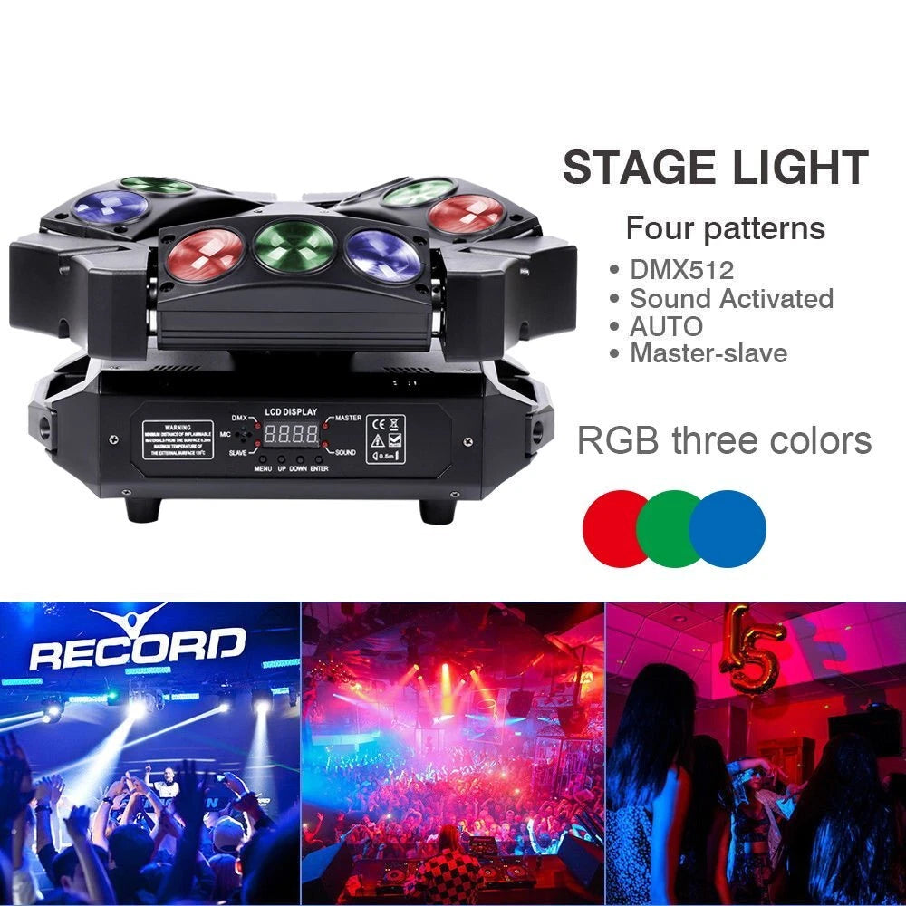 LED 9pcs Spider Moving Head RGB DMX Stage Beam Lighting DJ Disco Party KTV Projector